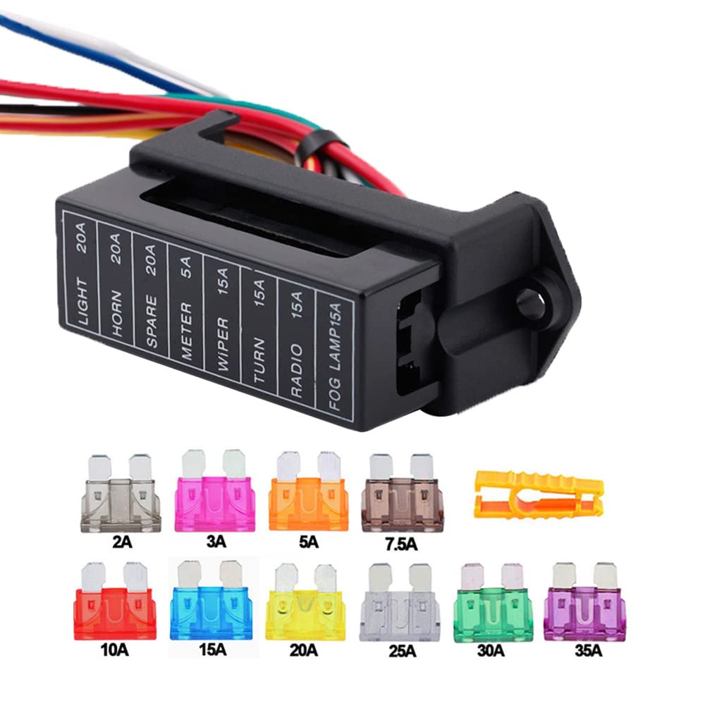 Aiqeer 8-Way Car Fuse Box - 2 Input, 8 Output Standard Fuse Holder with Pre-Wired and 10 Free Standard Blade Fuses (12V/24V/32V/48V Universal)