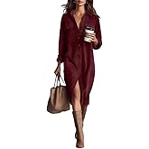 Womens Corduroy Button Down Shirt Dress Lapel Long Sleeve Solid Color Casual Loose Midi Fall Spring Dresses