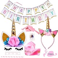 Lulonpon Unicorn Party Supplies Set with Cake Topper, Gold Swirl Candles,Cake Plate Combination,Eye Lashes,Headband,Shoulder Straps,for Birthday Party, Baby Shower,Wedding,Kids Party Decoration