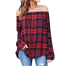 Women Off Shoulder T-Shirt HGWXX7 Casual Plaid Sexy Slash Neck Long Sleeve Shirt Tops Blouse (M, Red)