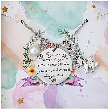 AnotherKiss Inspirational Necklace Unicorn Charm Birthday Gifts for Women Girls - You Are Braver Stronger Smarter Than You Think