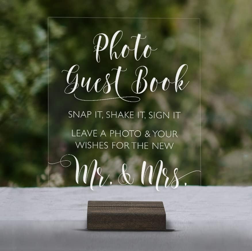 Mixed Media - Sweet Carolina Collective Acrylic Photo Booth Sign with Wood Stand - Clear Sign Our Guestbook in 5x7 or 8x10, with Wood or Acrylic Stand Included