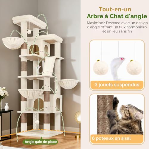 Globlazer Beige XXL Cat Tree Large 204 cm with 2 Huge Padded Platform 50 x 30 cm, 2 Large Kennels, 3 Soft Baskets, Sisal Board, Stable Cat Trees for 3-5 Cats Indoor (S80G, Beige)