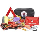 Roadside Assistance Emergency Car Kit - First Aid Kit, Jumper Cables, Tow Strap, led Flash Light, Rain Coat, Tire Pressure Gauge, Safety Vest and More Ideal Winter Accessory for your Car, Truck or SUV