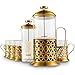 VonShef French Press Coffee Cafetiere Set with Milk Frother and 4 Serving Cups, Stainless Steel, Glass and Gold, 34 Fluid Ounces, 8 Cup Capacity