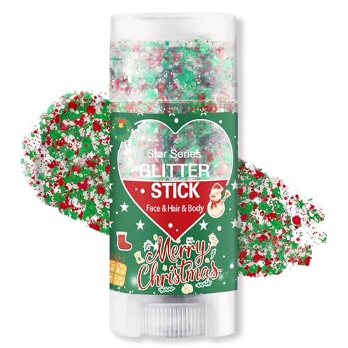 Christmas Body Glitter Stick, Waterproof Halloween Face Glitter Gel, Chunky Glitter Face Paint, Green Red White Sequin Hair Glitter Makeup for Women and Kid (Green Red White)