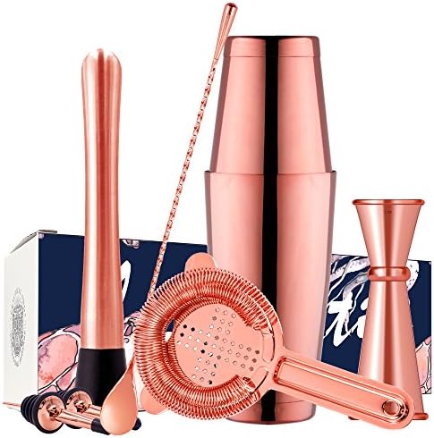 Boston Cocktail Shaker Bar Set By Homestia 8-Piece: 18oz &amp; 28oz Shaker Tins, Hawthorne Cocktail Strainer, Double Jigger, 12'' Mixing Spoon, 7'' Drink Muddler and 2 Cocktail Pourer (Cooper Plated)