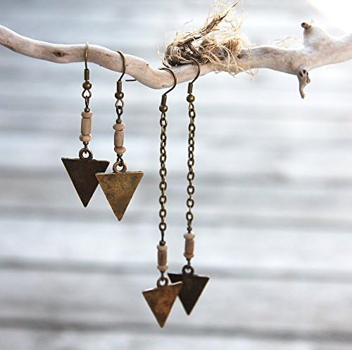 Tribal Earrings, Long or Short Arrow Spear, Vintage African Beads, Bronze Chain Rustic Bohemian Fashion
