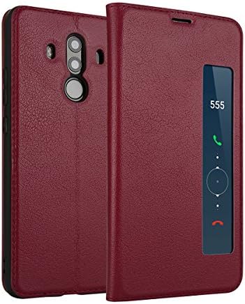 ERLI Huawei Mate 10 Pro Case, Cowhide [GENUINE LEATHER] + Ultraslim Flip Cover Case [Dual Smart Window View] + Magnetic Closure (Red)