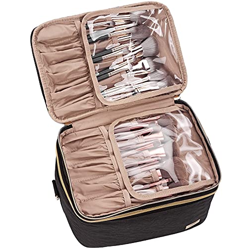 NISHEL Double Layer Travel Makeup Bag with Strap, Large Cosmetic Case Organizer Fits Bottles Vertically, Top Layer for Brushes, Tweezers, Eyeliner, Black 2 NISHEL Double Layer Travel Makeup Bag with Strap, Large Cosmetic Case Organizer Fits Bottles Vertically, Top Layer for Brushes, Tweezers, Eyeliner, Black