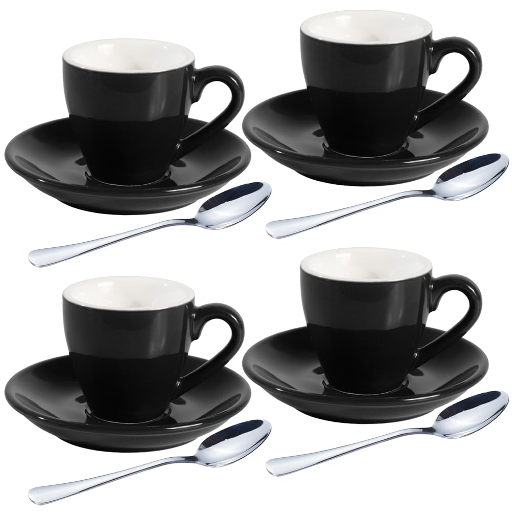homEdge Set of 4 Black Porcelain Espresso Shot Cups with Saucers and Stainless Steel Spoons 80ml
