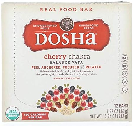Dosha Unsweetened Fruit & Seed Bars, Cherry Chakra, 150 Unrefined Calories, Organic Gluten Free Dairy Free Soy Free Vegan Kosher, Inspired by Ayurveda, 1.27 Ounce Bars, 12 count