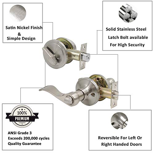 6 Pack Entry Lock with Single Cylinder Handleset Satin Nickel, Keyed Alike(Combo Pack), Wave Style Door Lever Lockset for Entrance Front Bed/Bath Doors