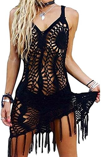 CXINS Women's Sexy Handmade Crochet Bikini Swimsuit Cover Hollow Out Tassels Beach Dress