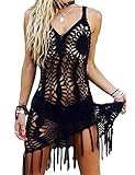 CXINS Women's Sexy Handmade Crochet Bikini Swimsuit Cover Hollow Out Tassels Beach Dress Size L Black