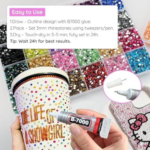Chenghoo Bedazzling Kit 48000Pcs 48 Colors Resin Jelly Rhinestones, Multicolor 3mm Flatback Gems for Diamond Art, Bedazzler Kit with 6Pcs 10ml B7000 Jewelry Glue & Tools for Nail Art Crafting Makeup