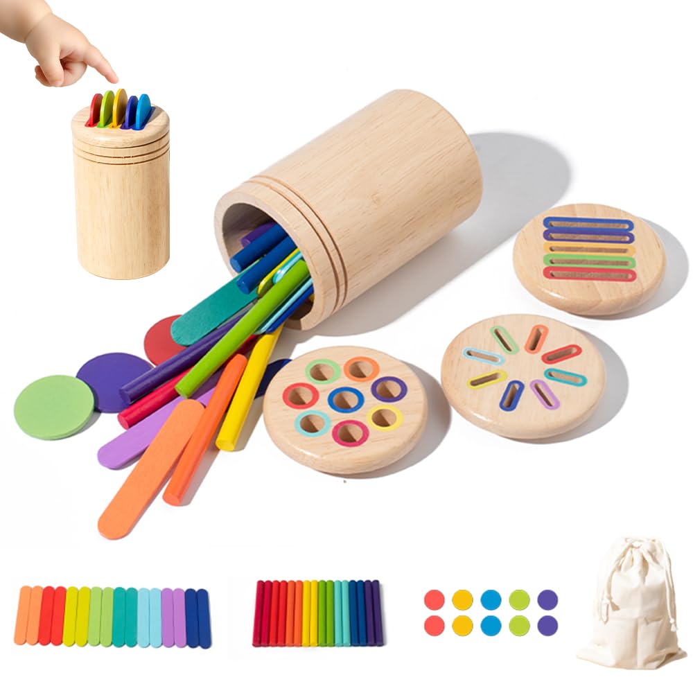 RNPKZ Montessori Wooden Toys for 1 2 3 Years Old Girls Boys, 3 in 1 Montessori Colour Sorting Toys for Kids Toddlers, Wooden Sorting Stick Toy Educational Learning Sensory Play Toy for Baby Age 1+ (B)