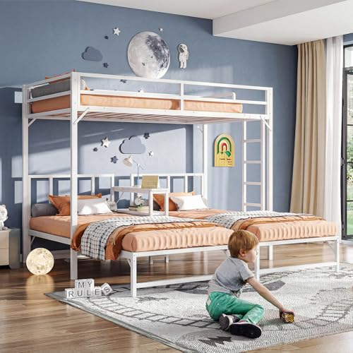 Simple Wisdom Literas de 3 Camas,Literas Individuales Tiene Tres Base Cama Individual,Litera Triple con Mesa,Equipado con Barandillas y Escaleras,La Base Metal es Resistente y Estable (Blanco)