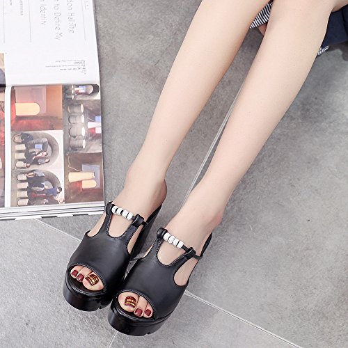 AMA(TM) Women Summer Fish Mouth Open Toe High Heels Wedge Sandals Platform Shoes (Black, US:6) - Thumbnail 4