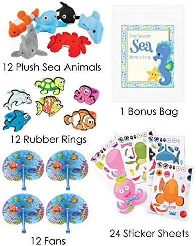 60 Piece Under the Sea Theme Birthday Party Favor Bundle Pack for 12 Guests (12 Mini Sea Life Plush, 12 Rubber Rings, 12 Fans, 24 Make a Sticker Sets)