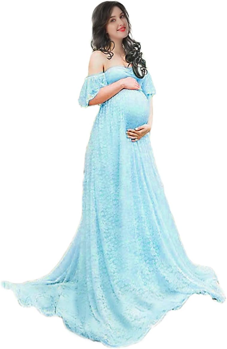 Women's Off Shoulder Ruffle Sleeve Lace Maternity Gown Plus Maxi Photography Dress