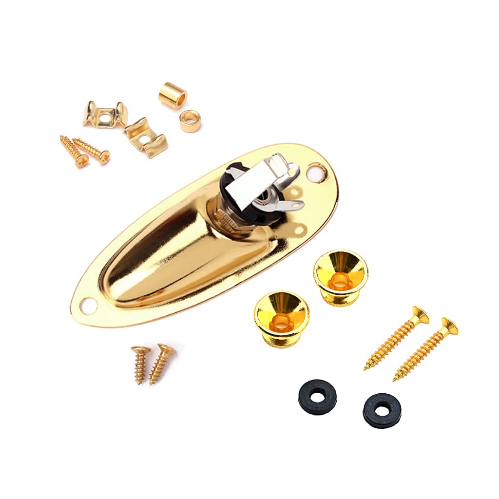 Alnicov Electric Guitar Hardware Set Guitar String Tree,Strap Button and Loaded Jack Socket Plate with Mounting Screws for Guitar Replacement Parts,Gold