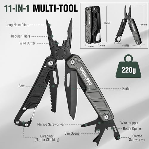 WORKPRO 11 in 1 Multitool Pliers | Stainless Steel Folding Multifunction Tool with Saw, Screwdriver and Pliers for Camping and Hiking