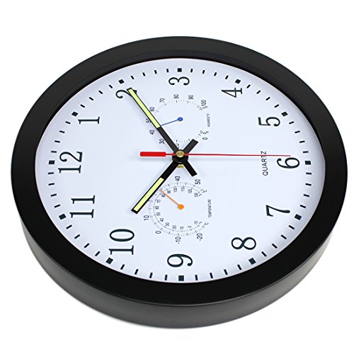 Petforu 12-Inch Night Light Wall Clock Grow-in-The-Dark Temperature Humidity Monitor Clock Specialty (Black)