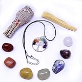 Tree of Life Crystal Pendant Necklace, Reiki Infused 7 Chakra Gemstone Set, White California Sage, Palo Santo Smudge Kit in Gift Bag with Instructions