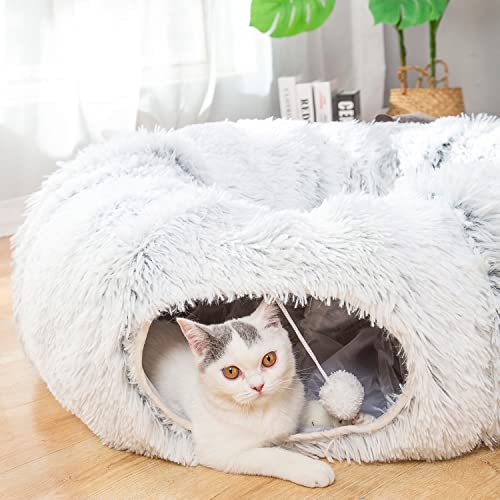 LUCKITTY Warm Plush Cat Dog Tunnel Bed with Washable CushionBig Tube