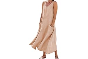 RDEGOOCHA Women 2024 Summer Tank Dress Sleeveless U Neck Printed/Solid Boho Beach Shirt Maxi Flowy Linen Cotton Dresses with Pocket