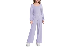 Haloumoning Girls Jumpsuit Kids Long Sleeve Smocked Wide Leg Romper 4-14 Years