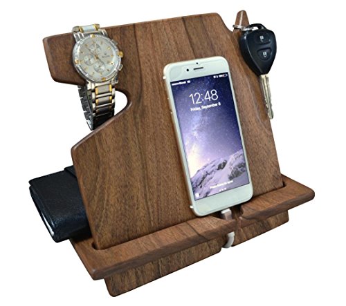 Wood Phone Docking Station Dark Walnut with Key Holder, Wallet Stand and Watch Organizer Men s Gift Compatible with Any Phone