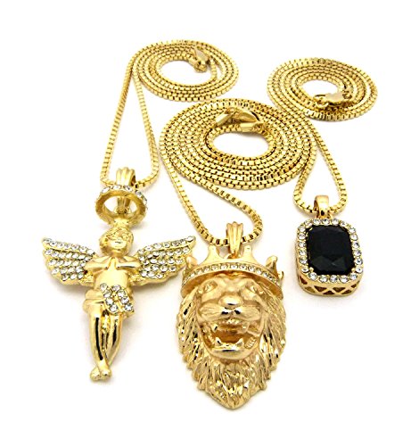Micro Colorful Gemstone, Angle, Lion Pendant 24",30" Box Chain 3 Necklace Set Gold Tone RC1413G (Black)