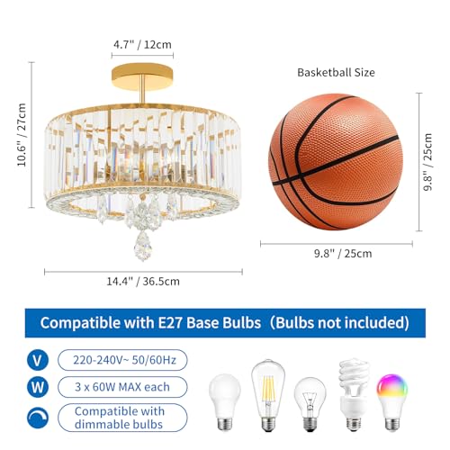 ANWIO Crystal Ceiling Light, Bedroom Glass Ceiling Lamp with 3 E27 Base, Larger Size Gold Modern Pendant Lamp, Ceiling Lights for Living Room, Kitchen, Dining Rooms (37 cm, Without Bulb)