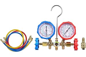 RANZIVOO AC Gauges, AC Manifold Gauge Set for R134a R32 R22 R410A, 3 Way Automot AC Gauge Set with Hoses Adapter