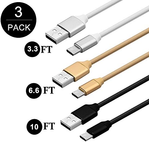 USB Type C Cable, SLL USB C Cable(3-PACK 3.3ft/6.6ft/10ft)Nylon Braided Charger Long Cord Data &amp; Charging Cable for Samsung Note 8, Galaxy S8, and More-White/Yellow/Black/Pink (White，Yellow，Black)