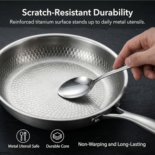 Titanium Hammered Pan Pro with Lid, PFAS/PFOA/PTFE-Free Non stick Titanium Frying Pan, Dishwasher & Oven Safe, Scratch Resistant, 12 Inches Even Heating Titanium skillet, Compatible With All Cooktops