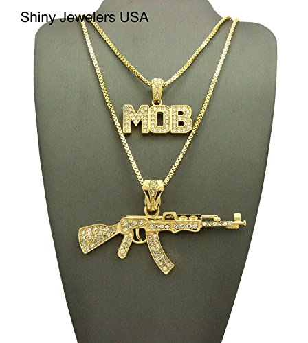 MENS ICED OUT MACHINE GUN AK 47 CHOPPER THUG LIFE MOB PENDANT CHAIN NECKLACE SET (AK47 Chopper Mob Necklace set)