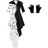 Women Black White Costume Dress, Classic Movie Cosplay Full Set with Gloves Halloween Cosplay (US Size)