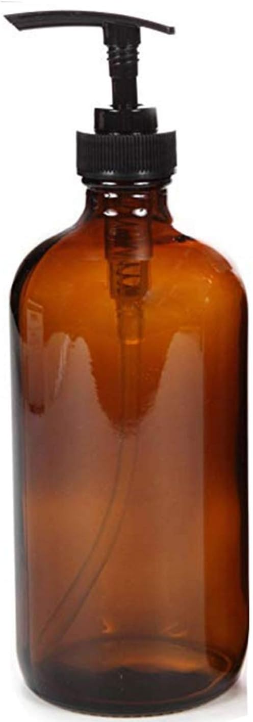 1Pack Empty Glass Brown Pump Bottles With Black Pumps Jars Pot Dispenser Container For Bathroom Shower Liquid Lotion Soap Cream Cosmetic Body Wash Foundations(500ml / 17oz)