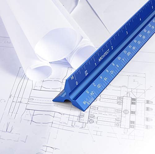 Architectural Scale Ruler, Metal Ruler of Solid Aluminum, Great Drafting Tools with Architect Scale, Laser-Etched Ruler 12 inch Triangle for Blueprint (Imperial)