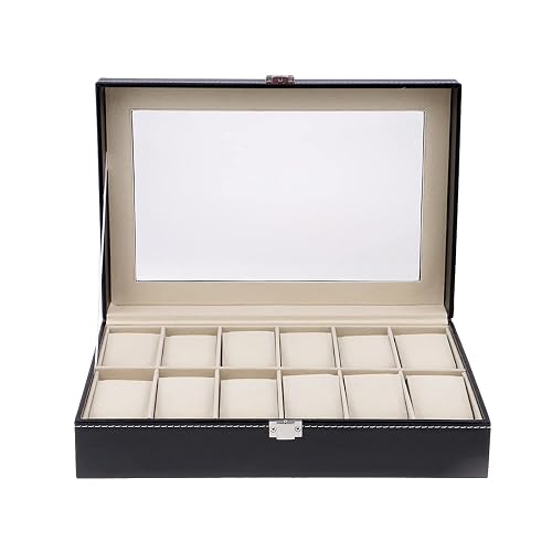 Vivo Technologies 12 Grids Watch Box, Watch Display Case with Glass Lids and Removable Pillow, Lockable Luxury Jewellery Box Organizer (Black)