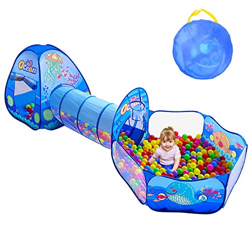 3PC Kids Play Tent with Ball Pit, Play Tunnel, Basketball Hoop for Boys