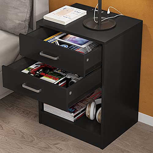 ADORNEVE Nightstand Set of 2,Black Nightstand with Charging Station