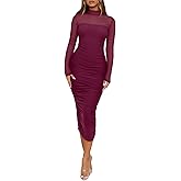 REORIA Women's Summer Mesh Sheer Short Sleeve Midi Ruched Bodycon Dress Mock Neck Elegant Evening Party Cocktail Dresses