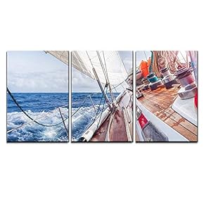 3 Piece Canvas Wall Art - Sail Boat Navigating on The Waves - Modern Home Art Stretched and Framed Ready to Hang - 16"x24"x3 Panels