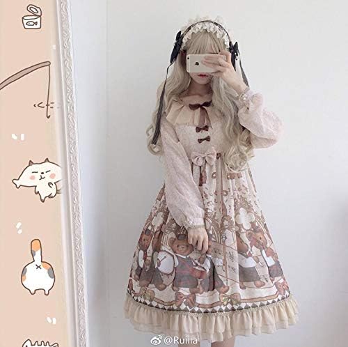 QAQBDBCKL Sweet Lolita Dress Cute Print O-Neck Vintage Lace Bowknot Victorian Dress Kawaii Girl Gothic Lolita Op Loli Cos