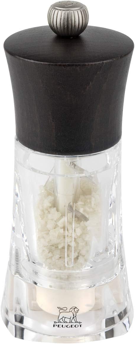PEUGEOT - Oléron 14 cm Salt Mill - Classic Grind System - Made with PEFC Certified Wood and Acrylic - Made in France - Chocolate and Transparent Colour