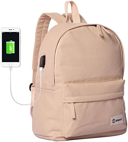 Yayabb Lightweight School Backpack Travel Daypack Canvas Laptop Backpack with USB Charging Port (Medium, Beige)